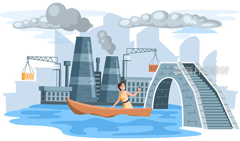 拯救地球，气候变化的概念与一名女子在冒烟的烟囱附近的船上自拍