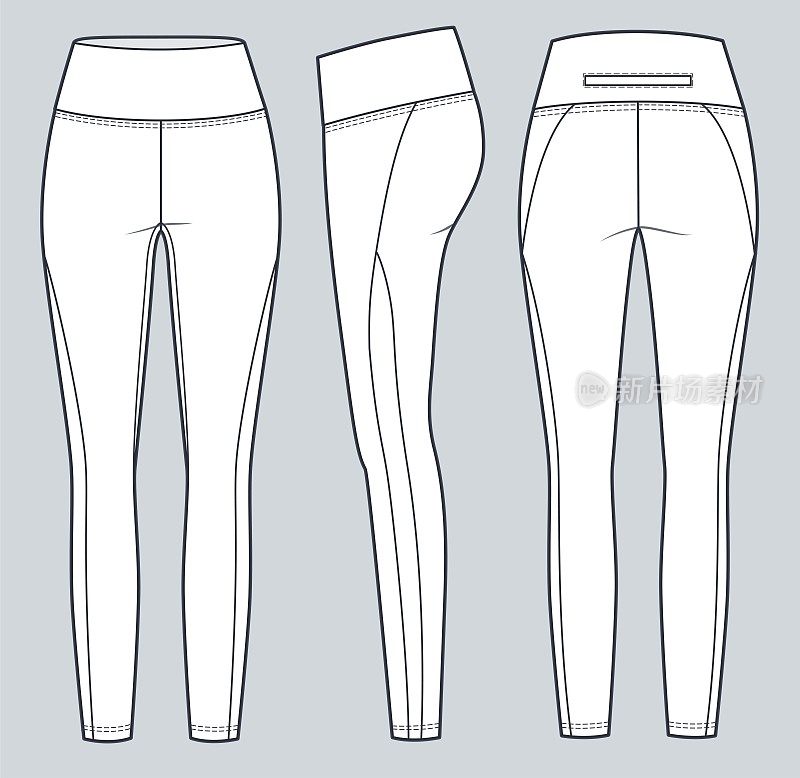 打底裤技术时尚插画。运动打底裤时尚平面技术图纸模板，高腰，前，侧和后视图，白色颜色，CAD模型。