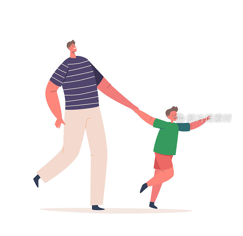 父亲与儿子在白色背景下独自行走。孩子牵着爸爸的手，幸福的家庭人物在一起度过时光