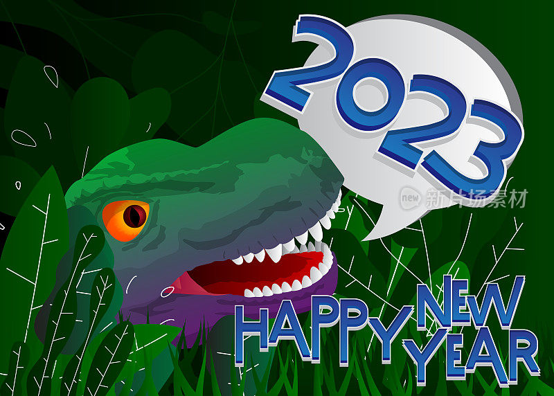 恐龙用语音泡泡说新年话。雷克斯暴龙有思想。节日贺卡。抽象矢量插图。