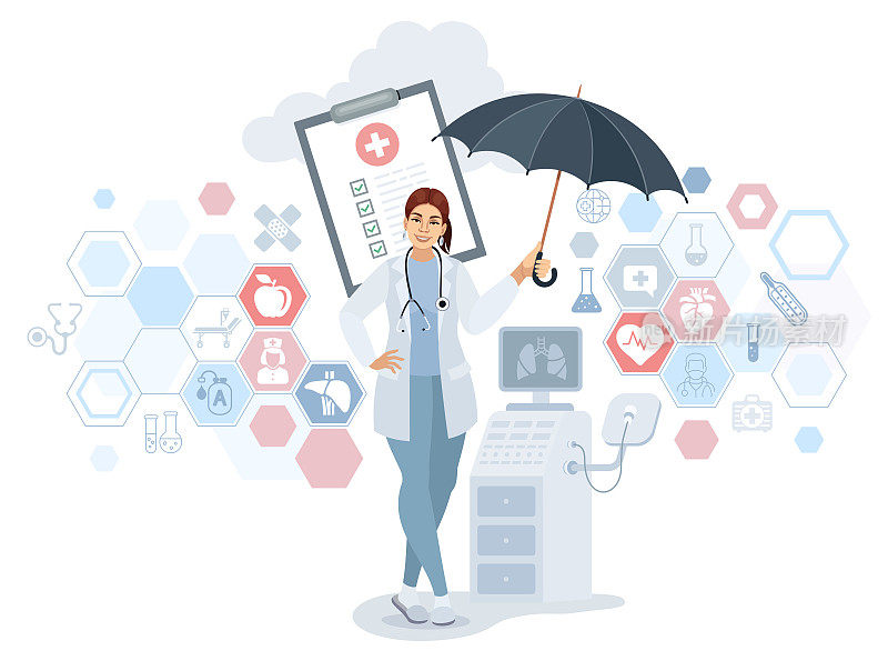 人寿保险的概念。保护健康和生命。保健和医疗服务。女医生撑着一把伞。
