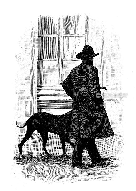 古董图片:1898年，在弗里德里希鲁，奥托·冯·俾斯麦的生活，遛着他的狗泰拉斯