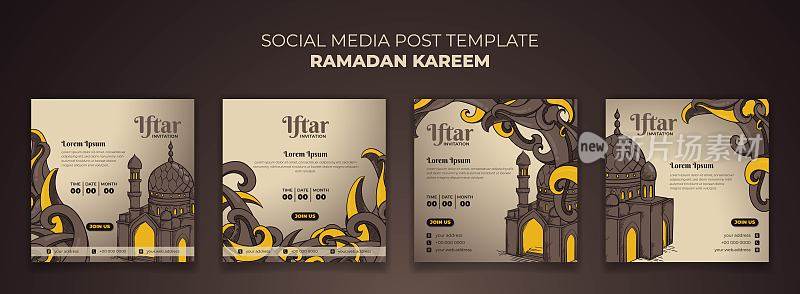 一套社交媒体帖子模板与清真寺和装饰性背景手绘设计
