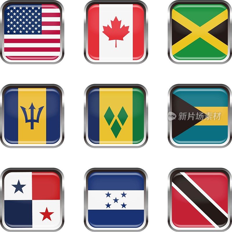 北美国旗按钮图标矢量材料集，美利坚合众国，加拿大，牙买加，巴巴多斯，圣文森特，巴哈马，巴拿马，洪都拉斯，特立尼达和多巴哥