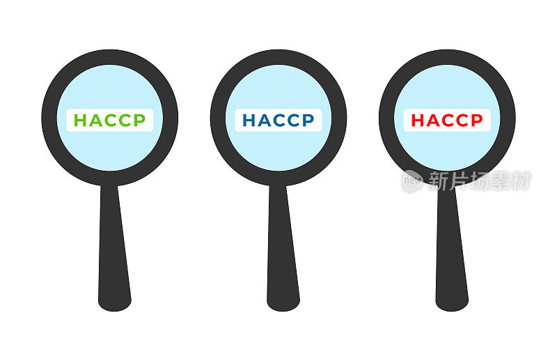 一套带有HACCP字样的放大镜。食品安全检查。危险和关键控制点分析