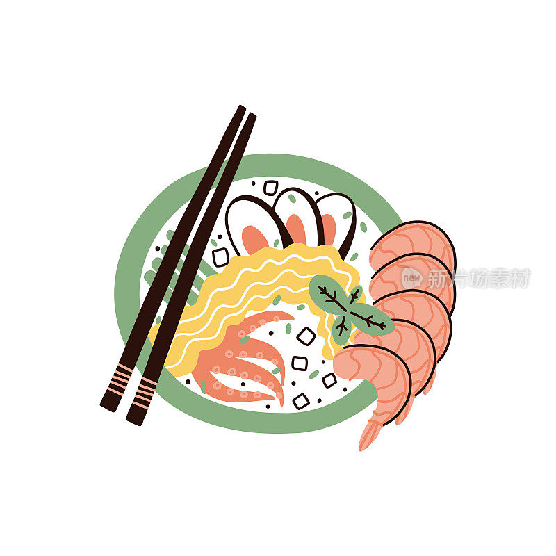 虾、贻贝和小鱿鱼面条。手绘矢量插图在平面风格。