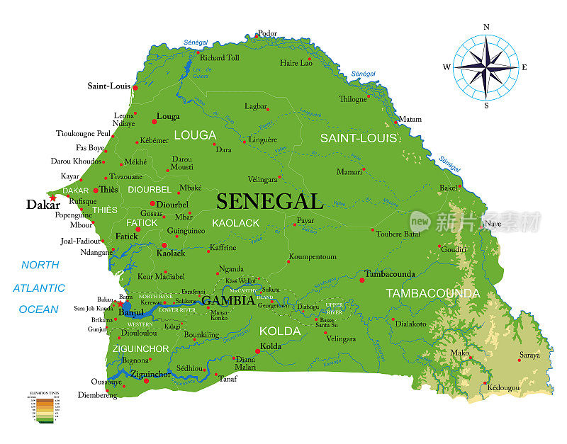 塞内加尔和冈比亚高度详细的物理地图