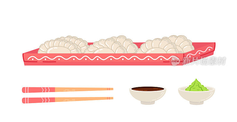 日式饺子放在盘子里，配上筷子，酱油和芥末。