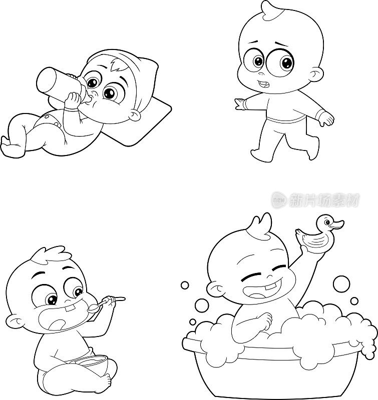 概述可爱的婴儿卡通人物。矢量手绘集合集
