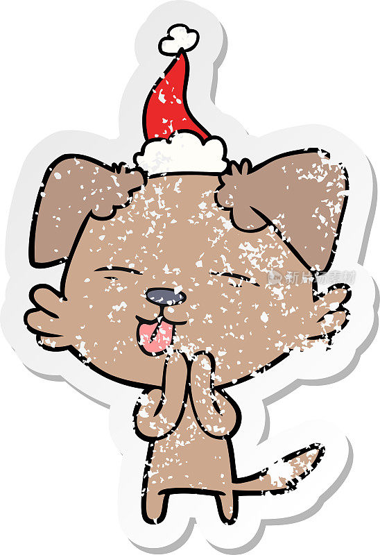 手绘心疼贴纸卡通的狗伸出舌头戴着圣诞老人的帽子