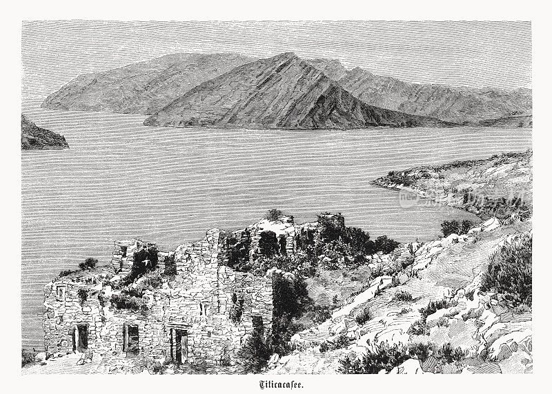 印加宫殿，玻利维亚的的喀喀湖，木刻，1899年出版