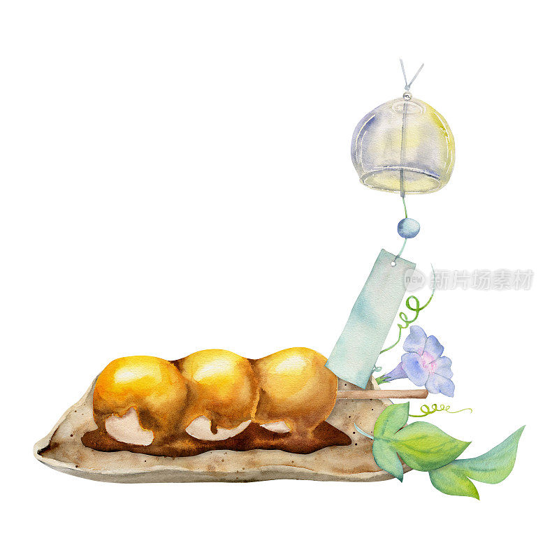 水彩手绘的日本传统糖果。陶瓷菜，炸锅，夏日和果。孤立在白色背景上。设计邀请函，餐厅菜单，贺卡，印刷，纺织
