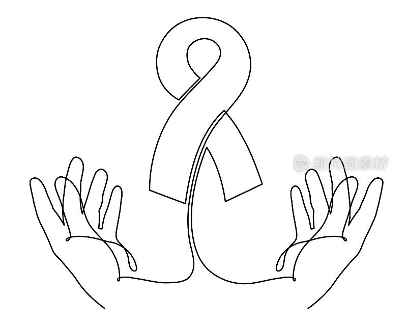 双手同丝带，世界癌症日概念一线艺术，抗击肿瘤疾病手绘连续轮廓，支持和帮助装饰。可编辑的中风。