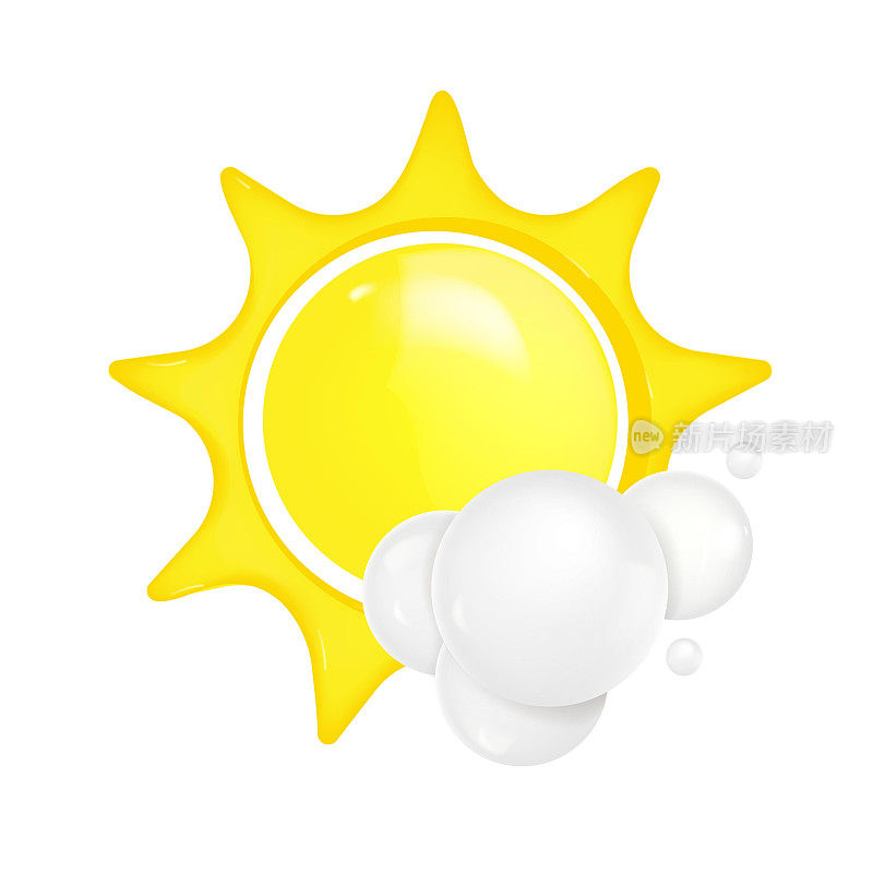 3d逼真的天气矢量插图，一个小云和一个大的黄色太阳。三维天气图标