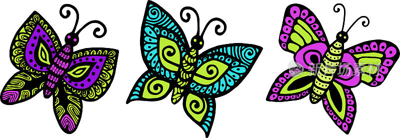 矢量插图一套明亮的蝴蝶在一个白色的背景，矢量蝴蝶，杂志，印刷在衣服上，广告。一组美丽的蝴蝶插图。