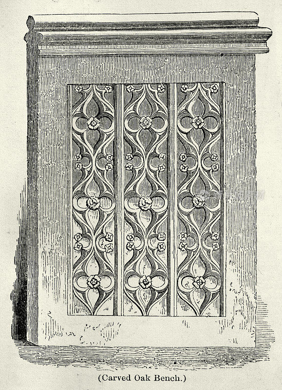 雕刻橡木长凳，维多利亚教堂建筑，装饰艺术，19世纪40年代，复古插图