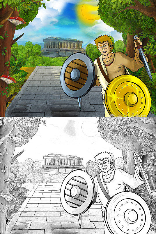 卡通场景与罗马或希腊古代字符附近的一些古建筑，如寺庙在通往城市的道路插图儿童