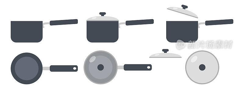 一组酱锅剪贴画矢量插图。酱锅标志平面矢量设计。简单的平底锅，有盖和没有盖的图标。炖锅卡通剪贴画。厨房工具概念符号