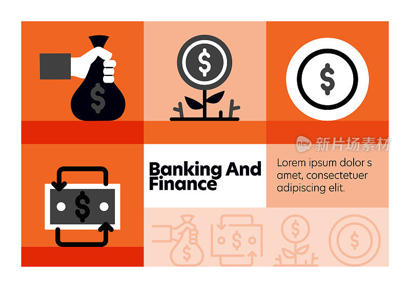 银行和金融线图标集和横幅设计。