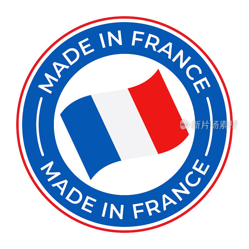 法国制造-矢量插图。标签，标志，徽章，徽章，邮票收集与法国国旗和文字隔离在白色背景上