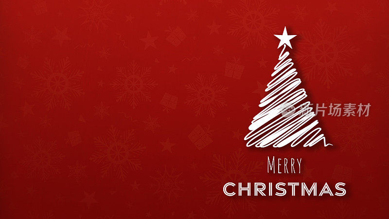 水平深栗色的圣诞节壁纸与纹理和小物体，如礼物或礼品盒，雪花水印图案和一棵圣诞树与文字圣诞快乐