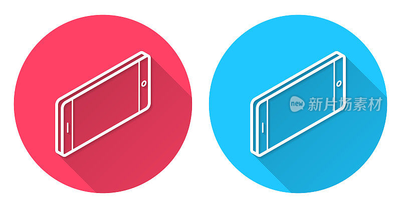 等距智能手机-水平位置。圆形图标与长阴影在红色或蓝色的背景