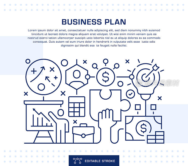 商业计划标题，网页横幅模板。可编辑的细线插图