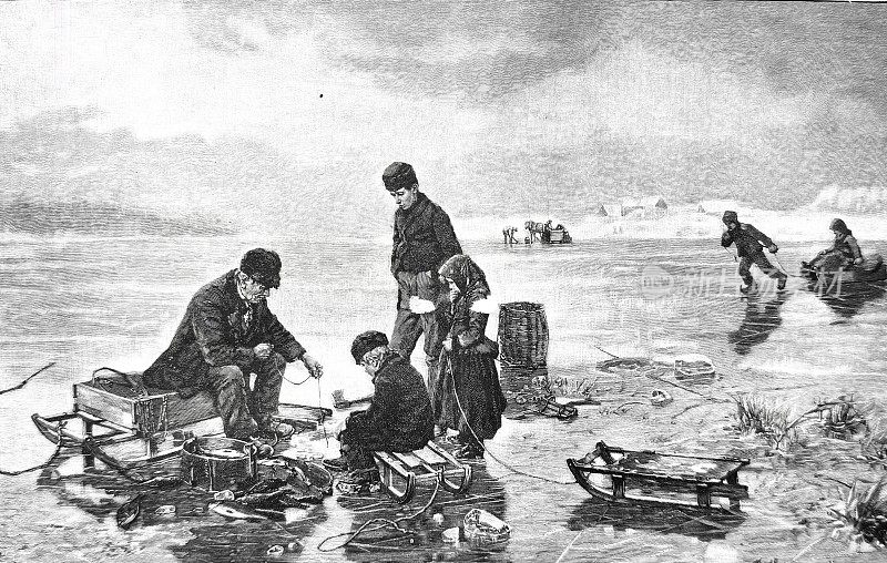 父亲和孩子们在结冰的湖面上或冰面下钓鱼