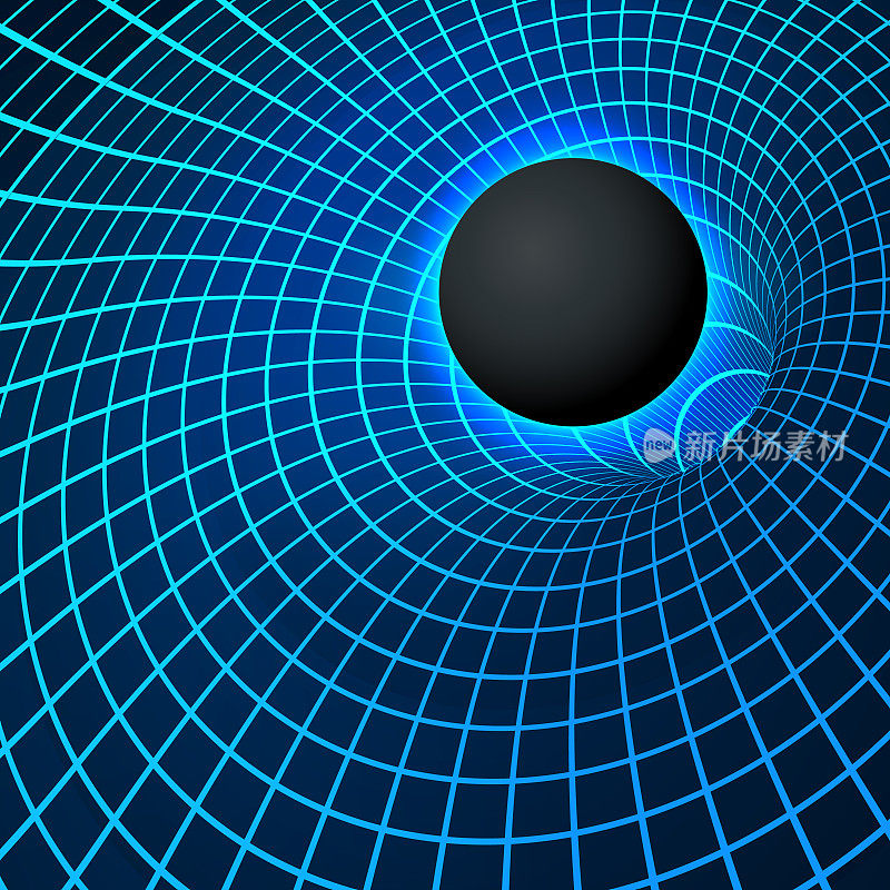 数字可视化黑洞。物理学-异常黑洞现象。奇点和事件视界-扭曲时空。矢量插图在蓝色