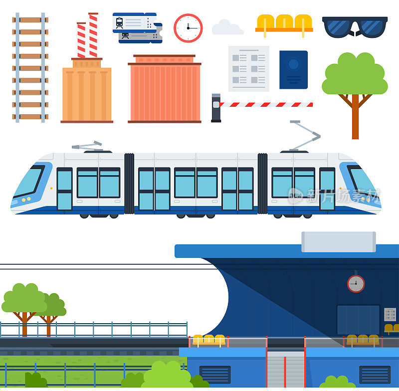 地铁，铁路站台和有轨电车平面矢量插图。