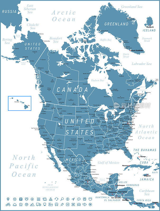 北美地图。矢量美国，加拿大和墨西哥与导航图标