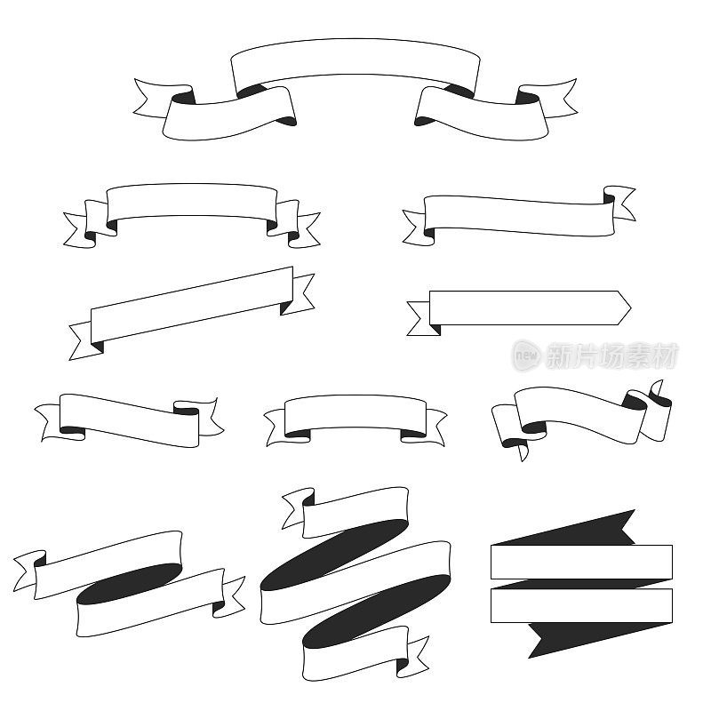 一套丝带，横幅(轮廓，线条艺术)-设计元素在白色的背景