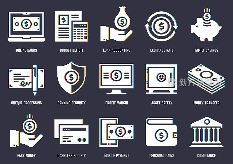 数字银行偏移设计矢量图标包