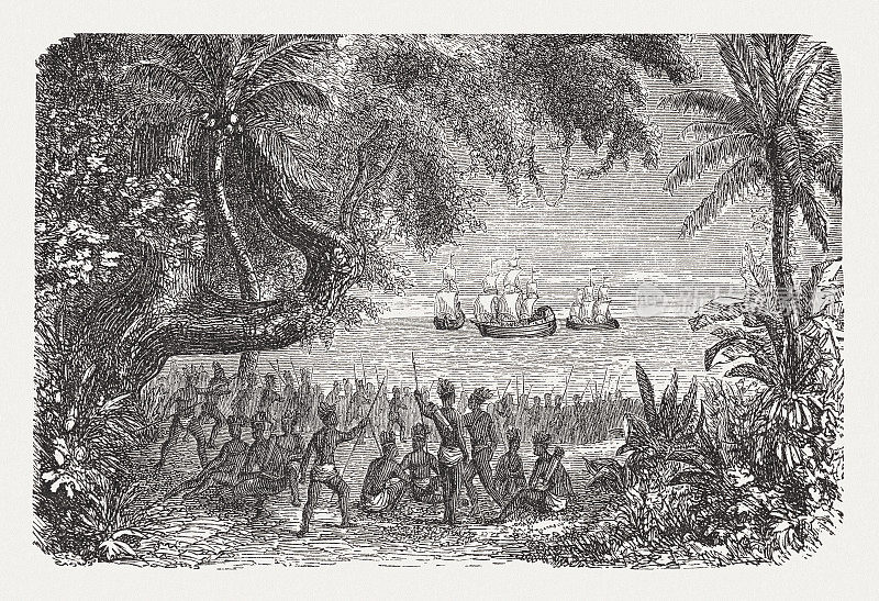 欧洲人抵达美国海岸，木刻，1888年出版