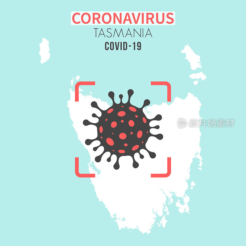塔斯马尼亚地图，红色取景器中有冠状病毒(COVID-19)细胞