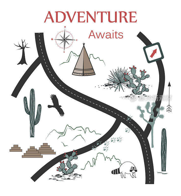 道路，山脉和仙人掌冒险地图。带有美国原住民部落元素的印刷或海报设计。矢量图