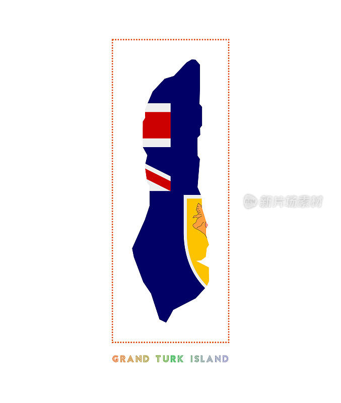 大特克岛标志。带有名称和旗帜的大特克岛地图。