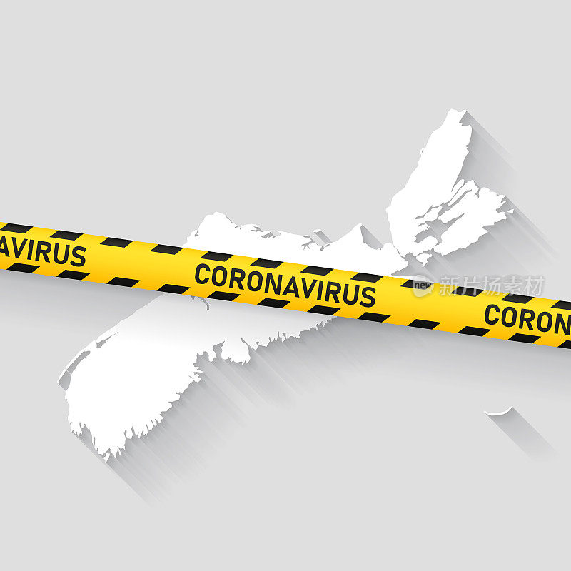 带有冠状病毒警告胶带的新斯科舍省地图。Covid-19爆发