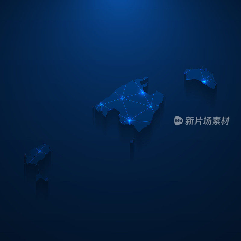 巴利阿里群岛地图网络-明亮的网格在深蓝色的背景