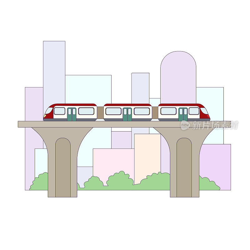 大都市地铁的地面线，白色孤立背景上的摩天大楼，版画的矢量插图，网站的标志和设计元素，城市的概念，公共交通，地铁。