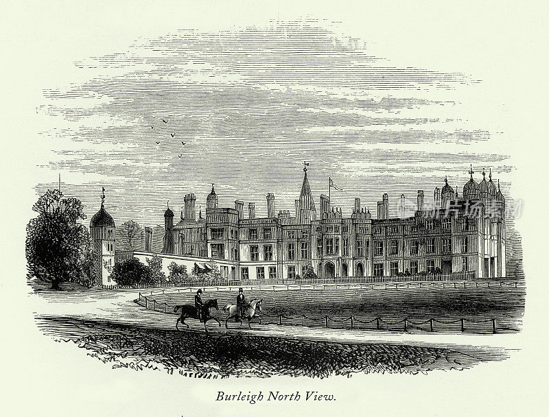 年份，英国维多利亚版画，伯利大厅，北景，莱斯特郡，英格兰，1875年
