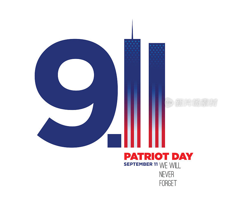 爱国者日矢量插图，911纪念，美国国旗飘扬在蓝色背景。股票插图
