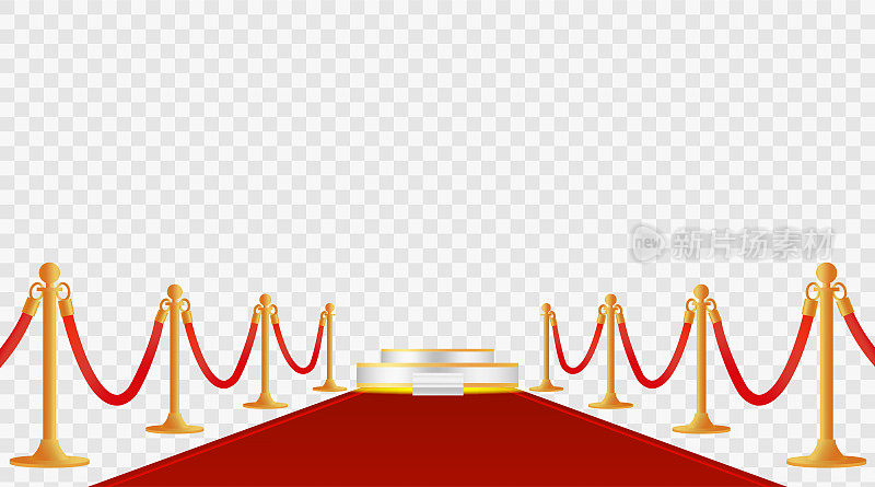 现实的红地毯和金色的障碍与楼梯，场景和聚光灯。颁奖嘉宾上台领奖闪亮的栅栏孤立在透明的背景。矢量插图。