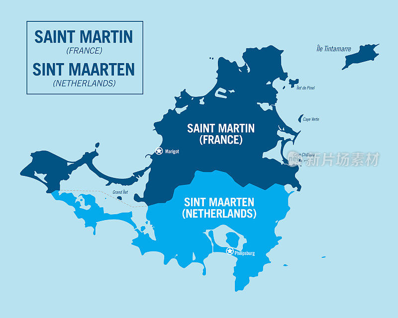 法国圣马丁岛。海外领地，法属安的列斯群岛。荷兰的圣马丁岛。详细的政治矢量地图与孤立的地区，城市和岛屿，容易取消分组。