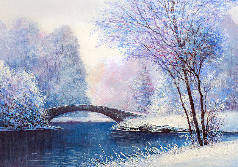 白色的桥横跨河面，冬天的风景。油画风景。