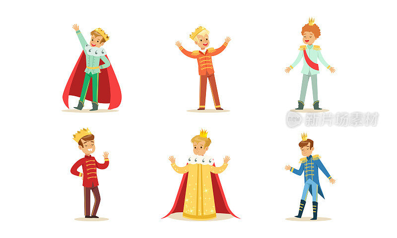 小王子设置，可爱的男孩在金色的皇冠穿着优雅的童话服装卡通矢量插图