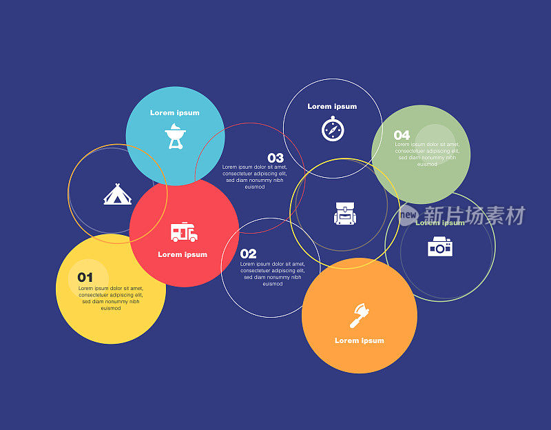 信息图表设计模板。帐篷，烧烤，大篷车，指南针，斧头，摄影图标6个选项或步骤。