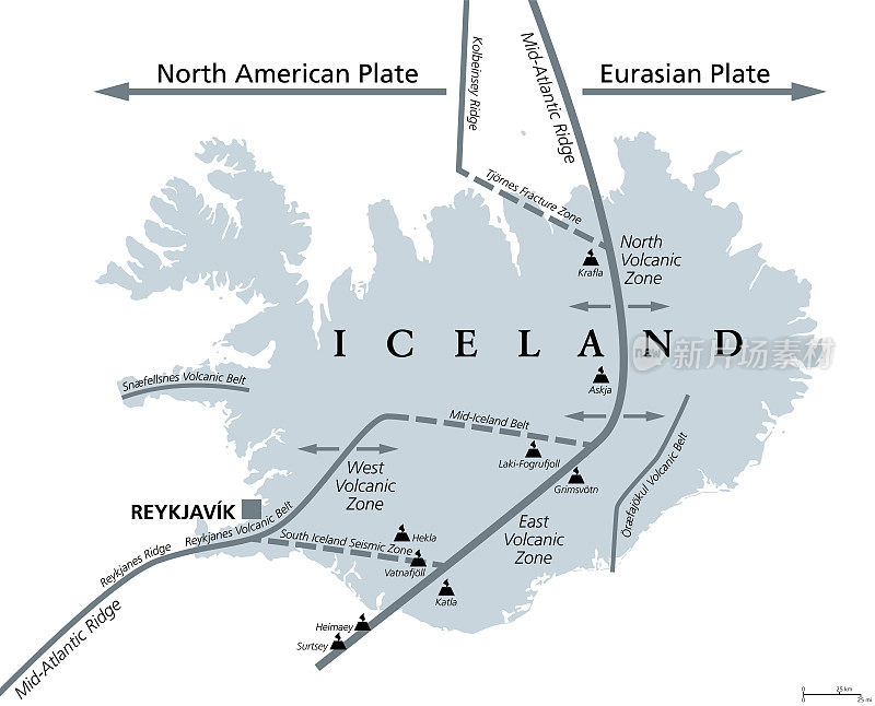 冰岛地质，欧亚和北美板块，灰色政治地图
