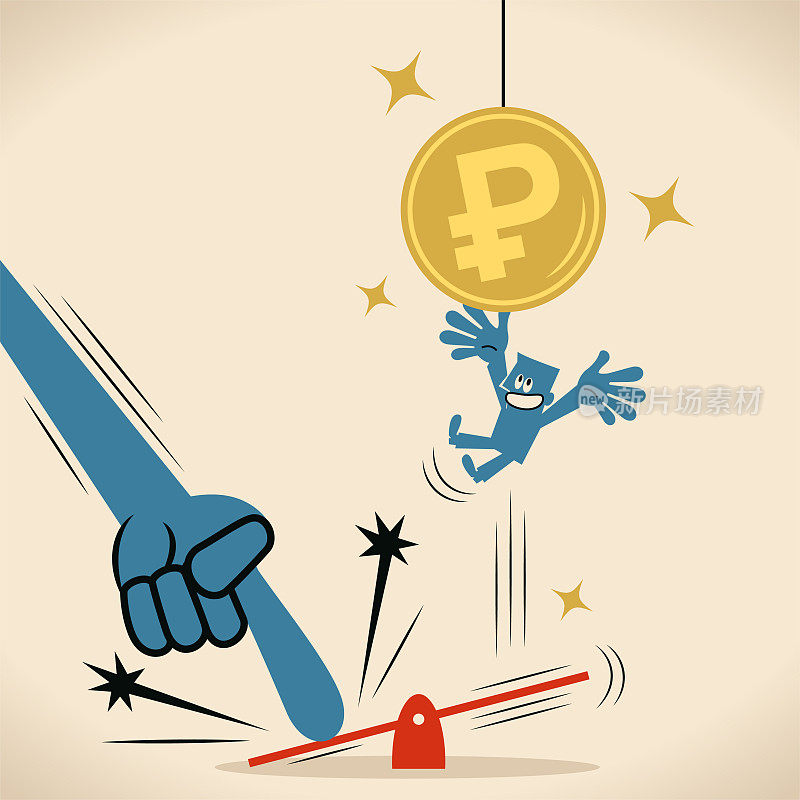 一只大手帮助一个商人用跷跷板跳到了悬挂在空中的俄罗斯卢布