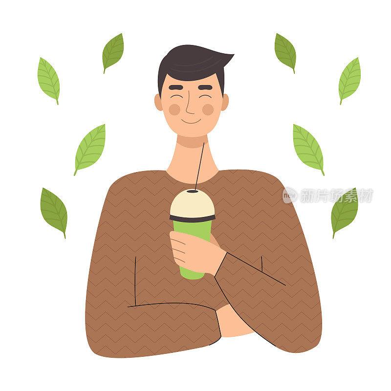 年轻人用塑料杯喝抹茶。日本传统，绿茶，咖啡外带。咖啡的房子。平的插图
